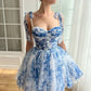 Blue floral suspenders waist puffy mini skirt homecoming dress R3119