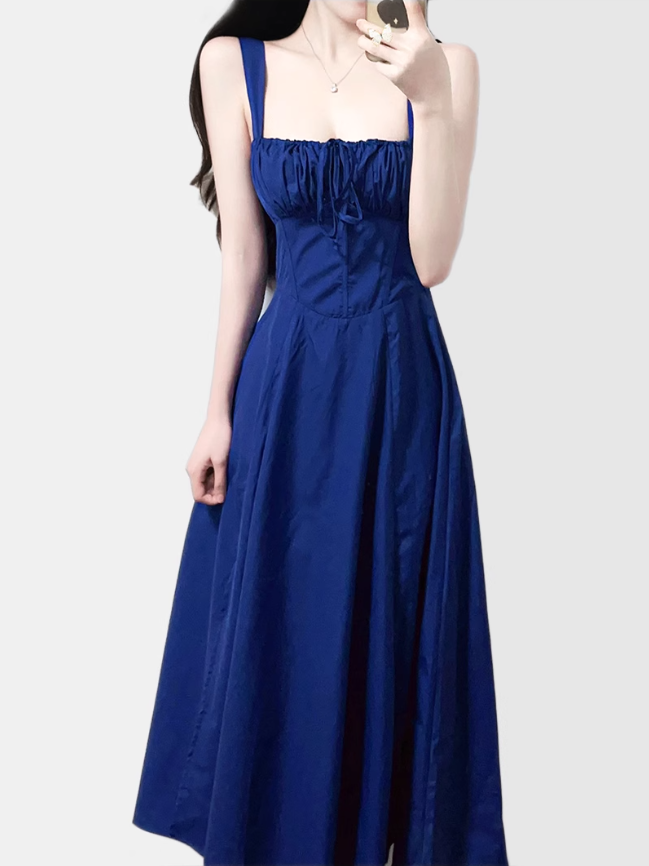 2025 Summer New Blue Slit Sexy Waist Temperament Suspender Dress R0901
