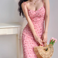 European and American retro girl side slit pink floral suspender skirt long dress R2811