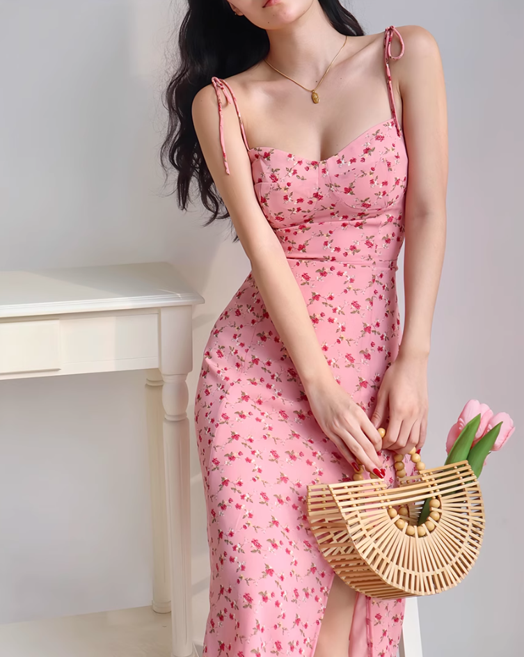 European and American retro girl side slit pink floral suspender skirt long dress R2811
