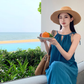 Bohemian retro blue white sling fishtail dress holiday style seaside beach dress sling dress long skirt R0196