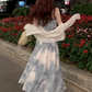 Fairy retro style ruffled one-shoulder sling dress new Chinese style ink-dyed dress R1706