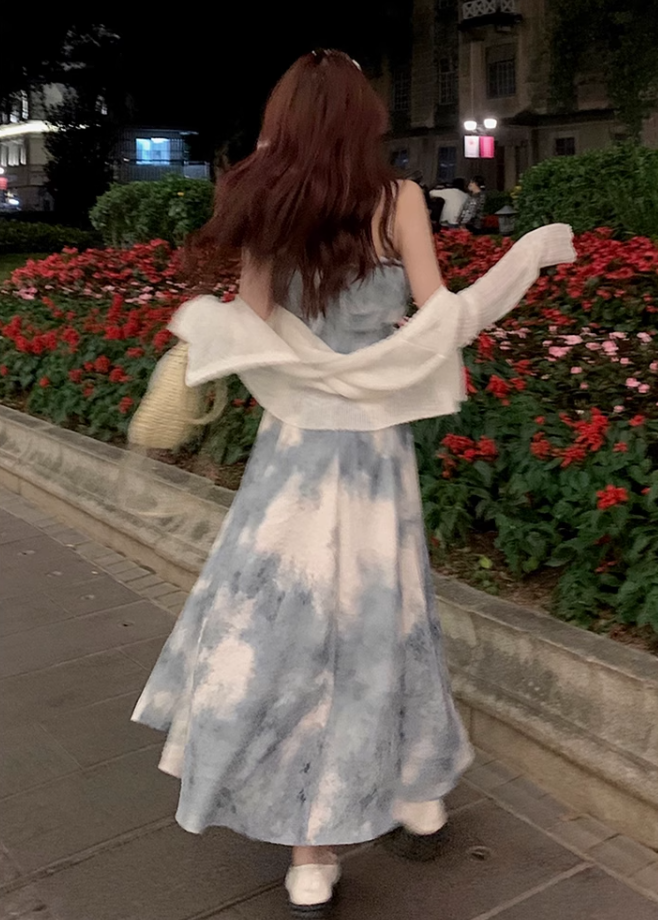 Fairy retro style ruffled one-shoulder sling dress new Chinese style ink-dyed dress R1706