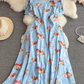 French lady temperament lady short sleeve square collar waist slim a-line print dress elegant long skirt R0406