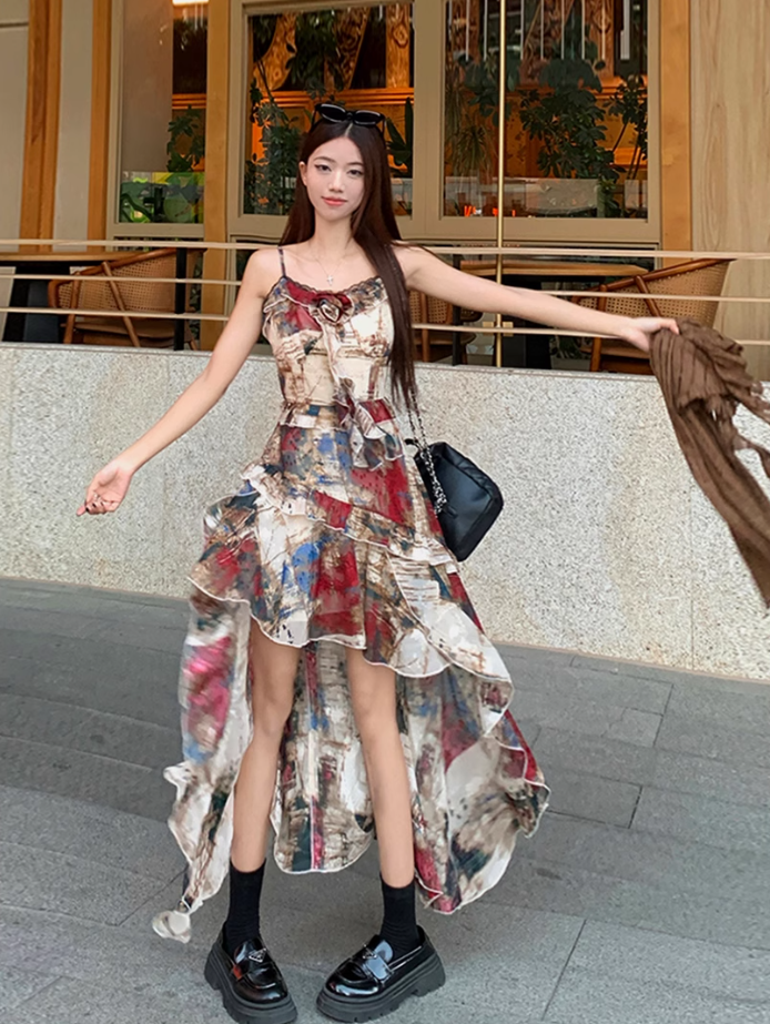 Fairy oil painting style suspender skirt swallowtail skirt dress lace cardigan two-piece suit R1718