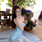 Blue floral suspender dress, elegant waist and hip fishtail skirt R0630
