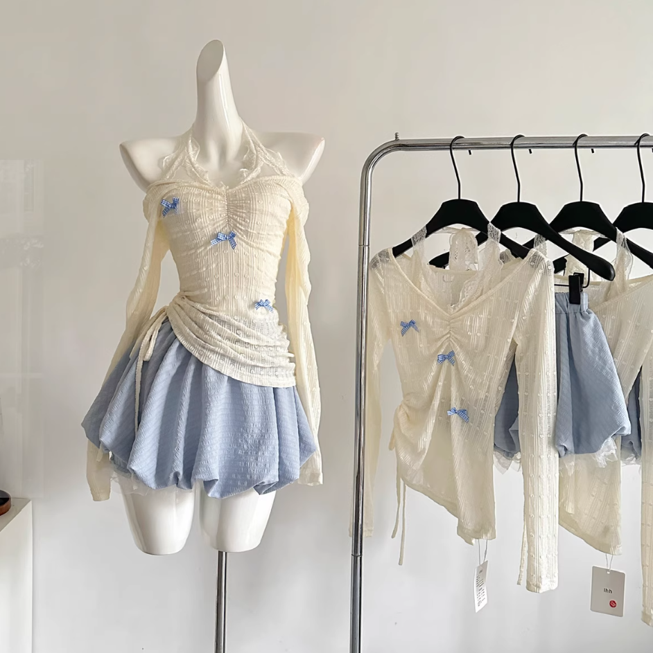 Sweet and slim halter neck fake two-piece top and skirt suit R2000