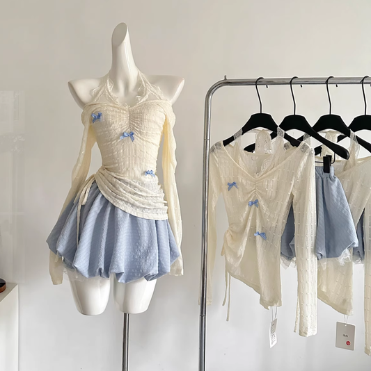 Sweet and slim halter neck fake two-piece top and skirt suit R2000