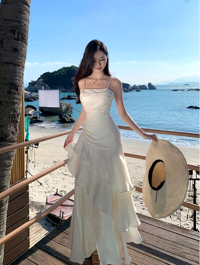 Fairy high-class temperament mermaid Ji streamer suspender skirt dress dress one shoulder dress R1715