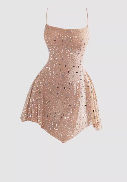 French heavy-duty diamond suspender dress 2025 large size pure desire irregular short skirt R1156