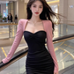 Contrast color square neck long sleeve dress new hot girl sexy waist slimming hip short skirt R3384