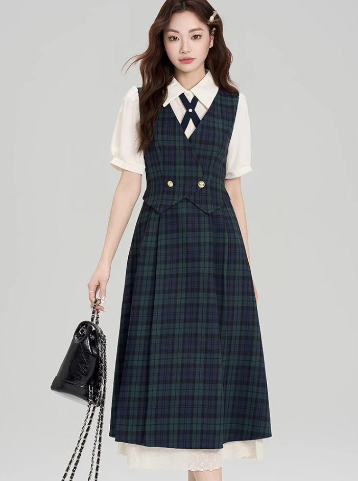 College style summer shirt splicing fake two-piece plaid dress R2395