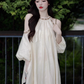 Retro French off-the-shoulder dress, seaside holiday style, cool temperament, unique and chic dress R0419