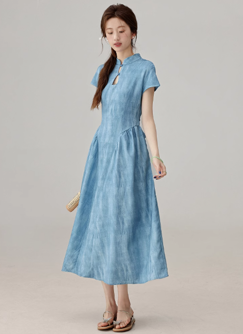 2025 summer new Chinese style blue dress this year popular cheongsam skirt R1913