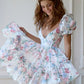 White background pink floral puff sleeves V-neck waist mini skirt homecoming dress R3568