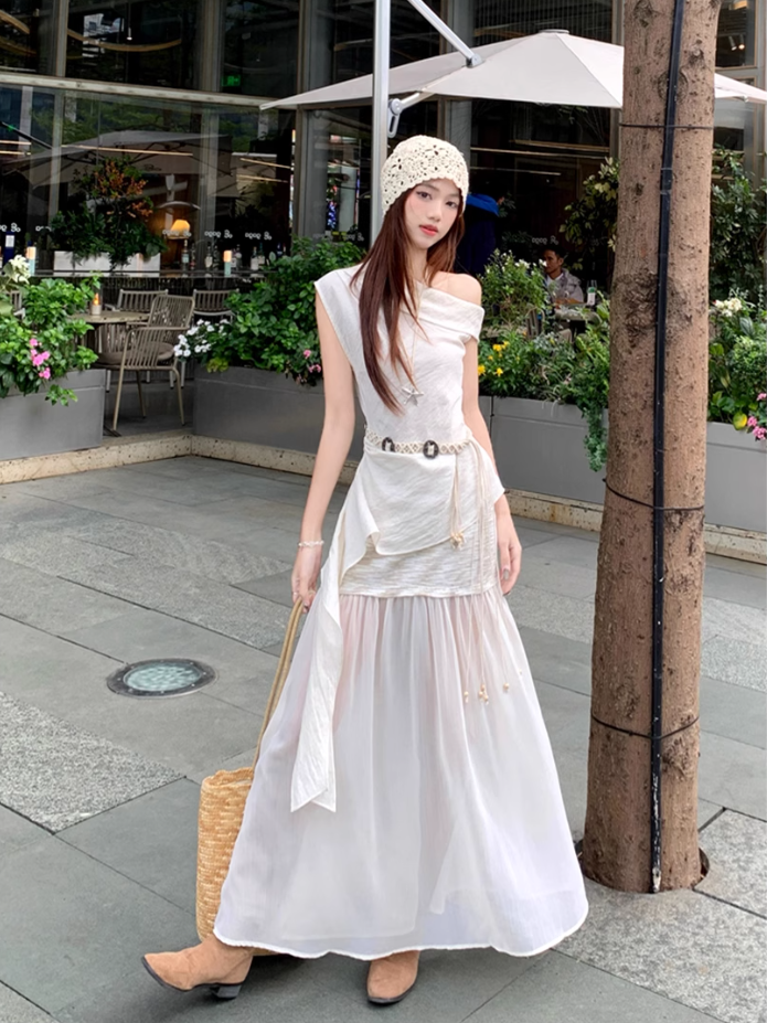 Fairy temperament high-end irregular off-shoulder sleeveless top skirt suit two-piece suit R1756