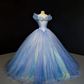 Light blue off-shoulder fitted waist slim-fitting long princess ball gown with a full skirt R8668