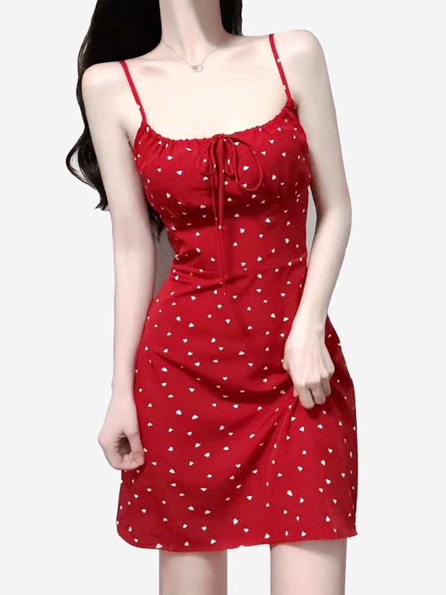 2025 Summer New Red Polka Dot High Waist Vacation Small A-line Suspender Dress R0965