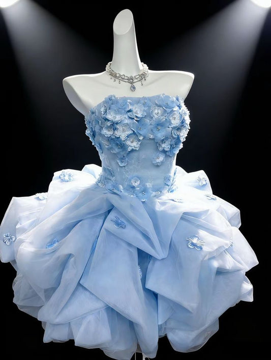French Chic Pale Blue A-Line Strapless Applique Organza Bodycon Mini Dress Homecoming Dress RS174