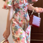 Pink floral shawl waist slim fairy gentle long skirt homecoming dress R4020