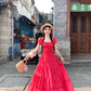 Red long square-neck cinched waist A-line dress, a French retro style dress for women's summer R4786