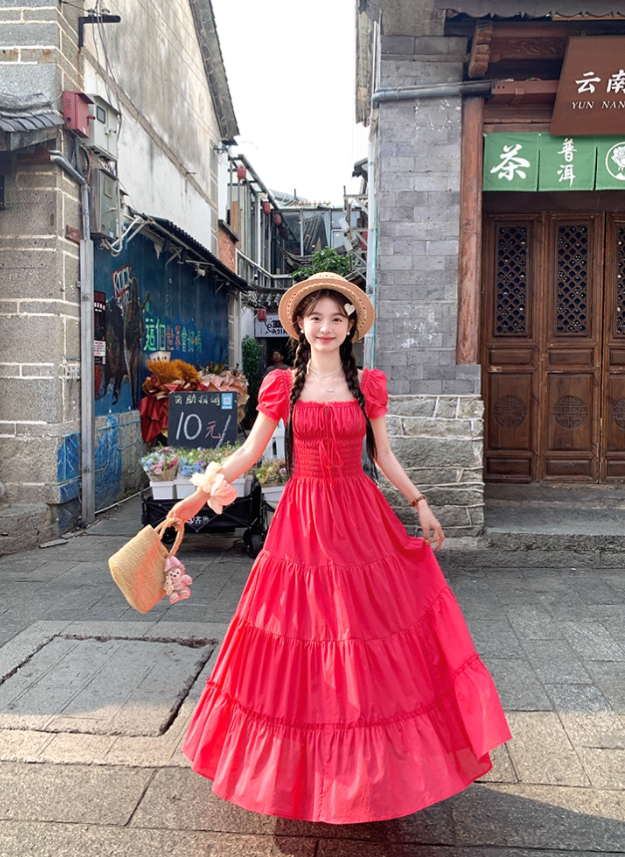 Red long square-neck cinched waist A-line dress, a French retro style dress for women's summer R4786
