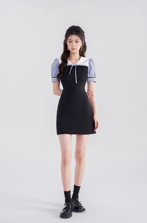 College style black dress women's summer puff sleeve short skirt new high waist splicing skirt R4461