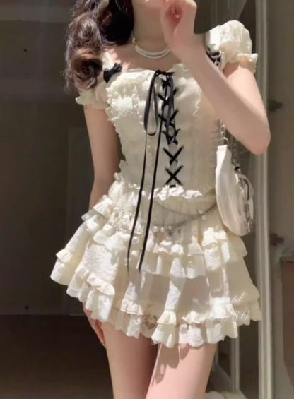 Pure desire style puff sleeves tie waist top 2025 lace splicing a-line skirt suit R1247
