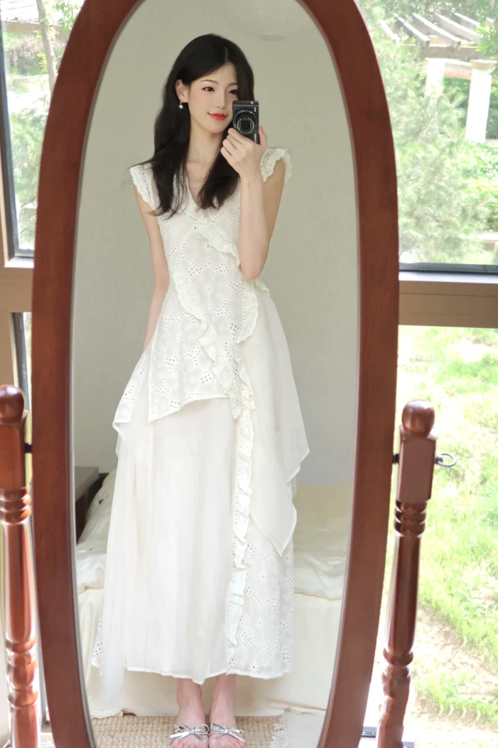 Hollow design dress gentle style first love waist temperament long dress R0731