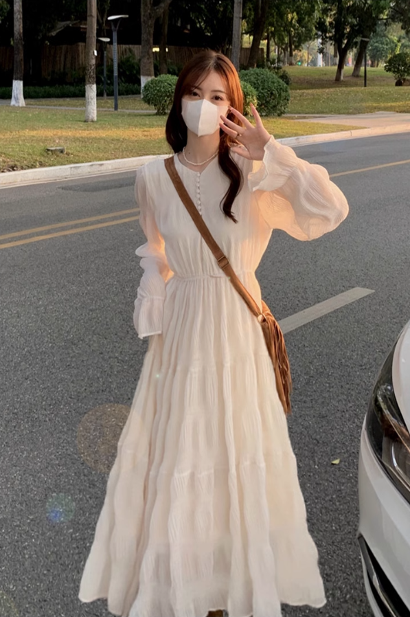 Tea break French style white beach dress waist slimming holiday long dress chiffon dress R1696