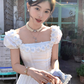 White waist square neck puff sleeves A-line dress women's French retro skirt R4949