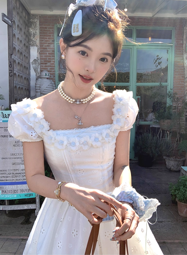 White waist square neck puff sleeves A-line dress women's French retro skirt R4949