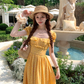 Long yellow square neck waist floral dress summer French temperament skirt R4911