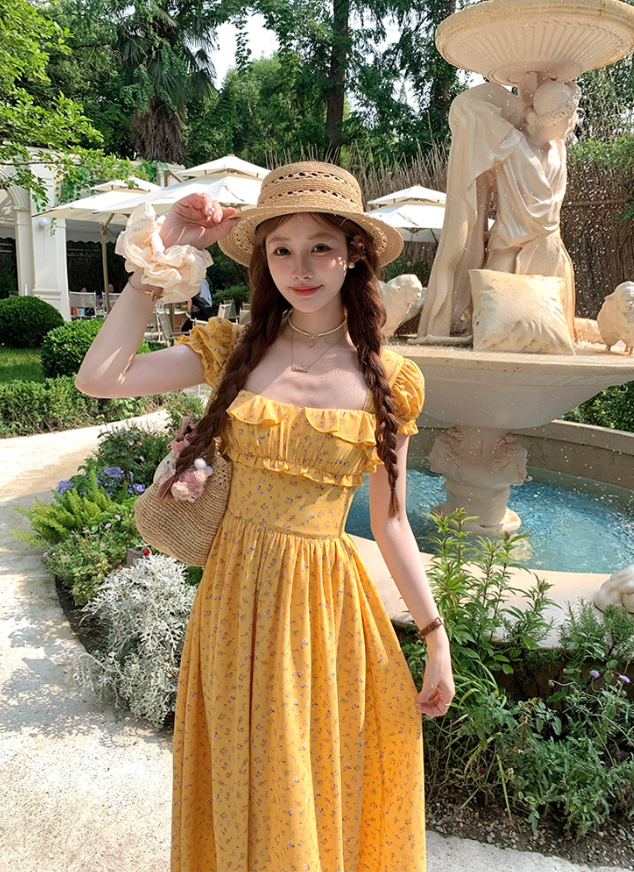 Long yellow square neck waist floral dress summer French temperament skirt R4911