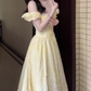 Gentle style yellow one-shoulder dress, beautiful waist temperament long dress R0815