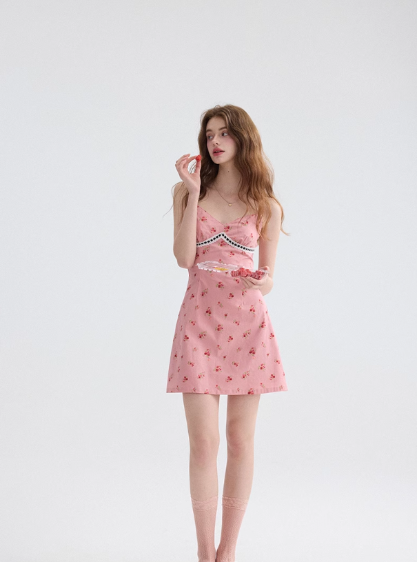 French floral suspender dress holiday style dress petite short skirt R2749