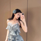 Blue v-neck ruffled suspender dress gentle temperament beautiful skirt R0613