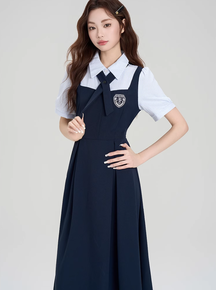 College style outfit waist temperament commuting fake two-piece dress R2393
