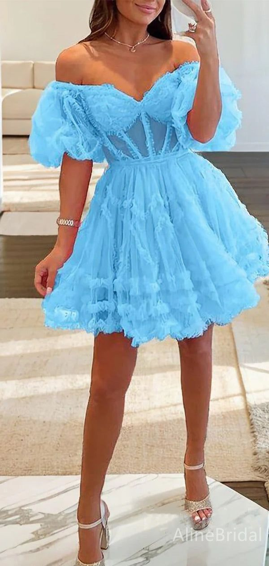 Puffy Tulle Women's Homecoming Dress Baby Blue Corset Short Prom Gown Party Dress RS3040