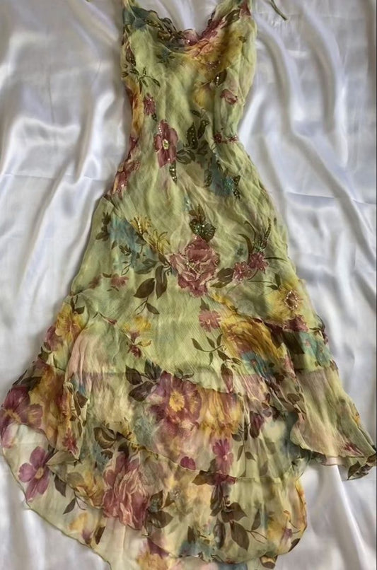 Green suspenders, retro pattern, slim waist, irregular hem long skirt homecoming dress R2726