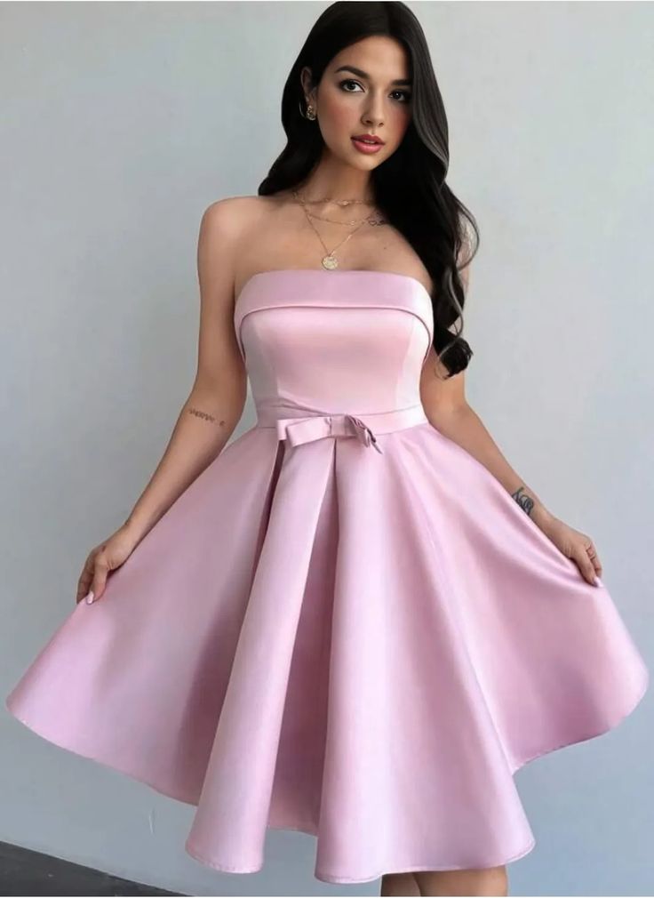 Pink tube top satin waist slim fit big swing skirt short skirt homecoming dress R3517