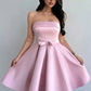 Pink tube top satin waist slim fit big swing skirt short skirt homecoming dress R3517