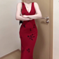 Retro V-neck red suspender dress sexy waist temperament hip fishtail long skirt R0712