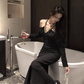 Hepburn style French dress high-end niche temperament sexy off-shoulder black dress R1781