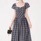 French retro square collar plaid dress new style waist slim long skirt temperament high-end R2372