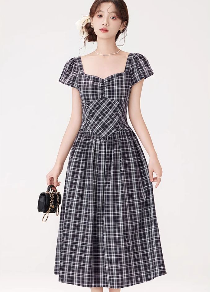 French retro square collar plaid dress new style waist slim long skirt temperament high-end R2372