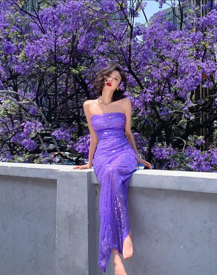 Charming purple sequin sexy waist tube top maxi prom dress, homecoming dress R3104