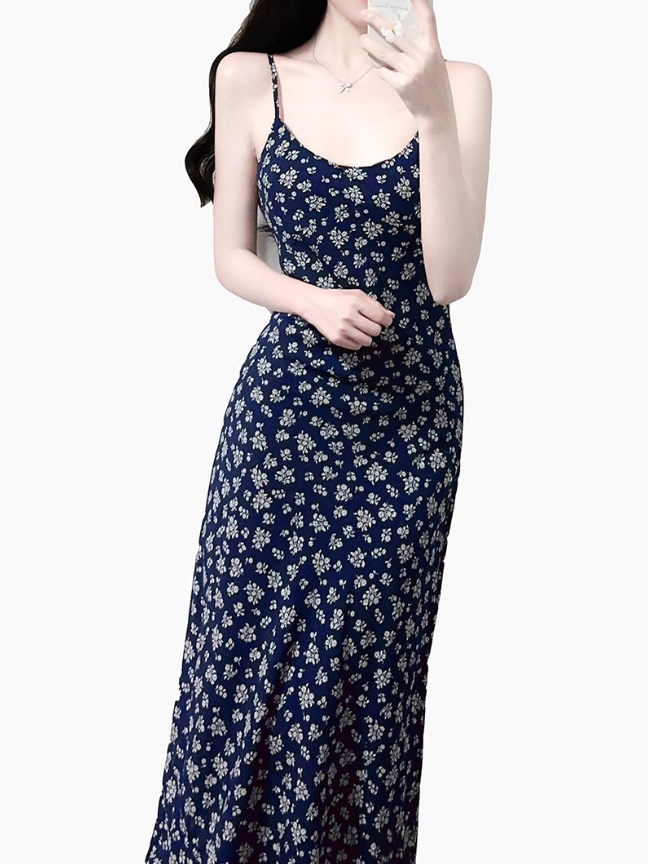2025 Summer New Blue Floral Retro Backless Waist Long Suspender Dress R0909