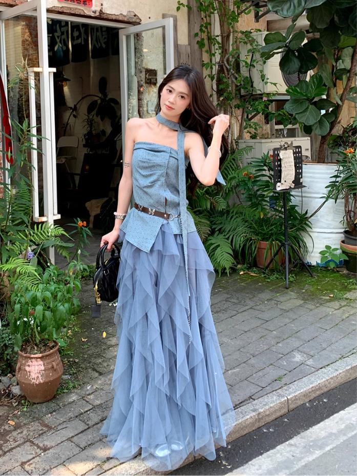Beautiful outfit set: blue polka dot irregular tube top, mesh ruffle skirt, two-piece set R1720