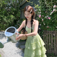 Green v-neck ruffled waist Tencel suspender dress women's summer French forest style skirt R4617